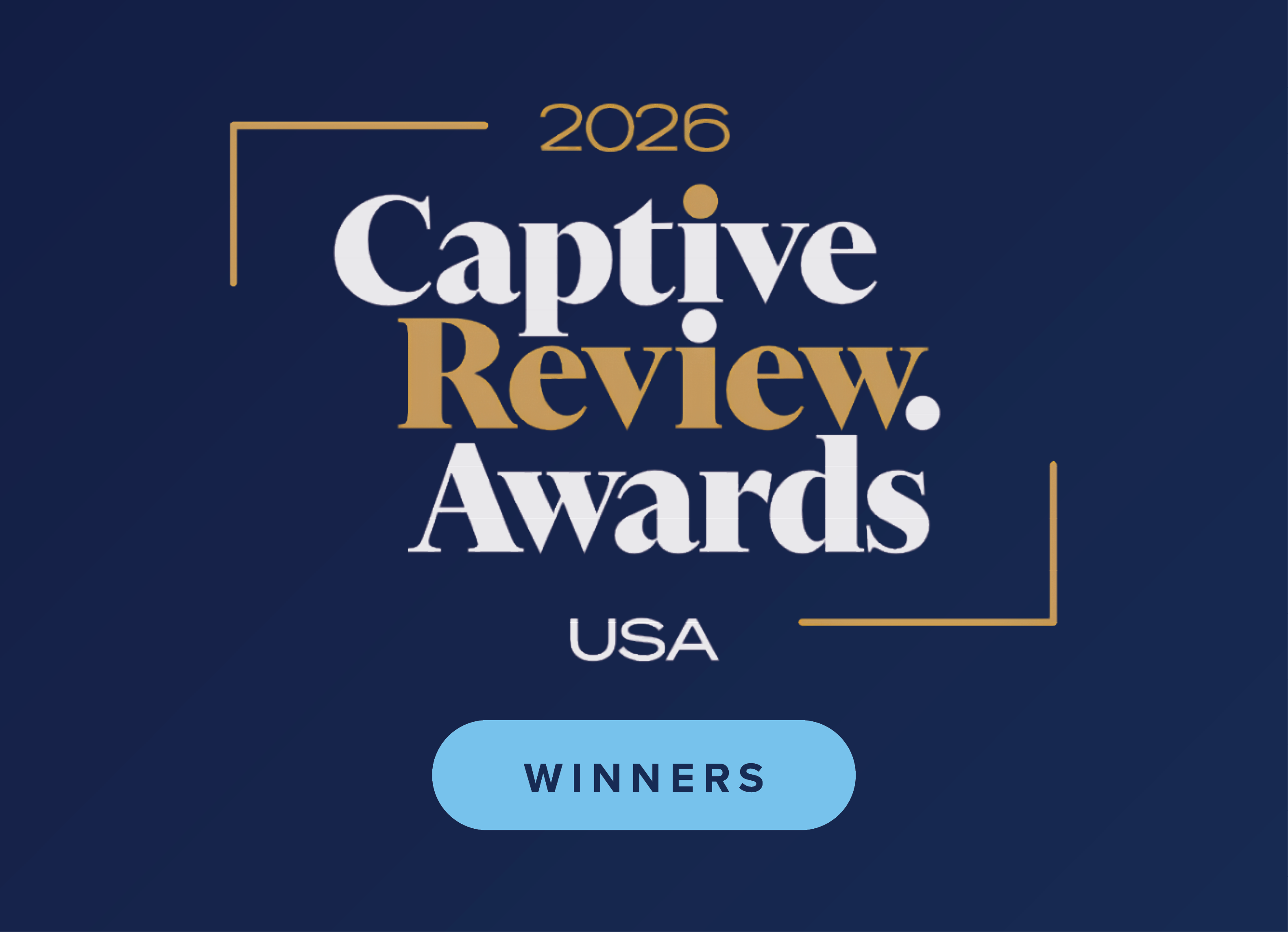 Graphic displaying the text “2026 Captive Review Awards USA Winners” in white and gold lettering on a dark blue background, with decorative gold corner accents and a light blue banner highlighting the word “Winners.”